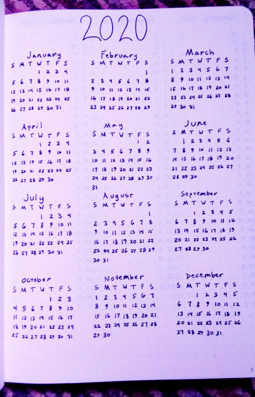 All months at a glance in my 2020 bullet journal